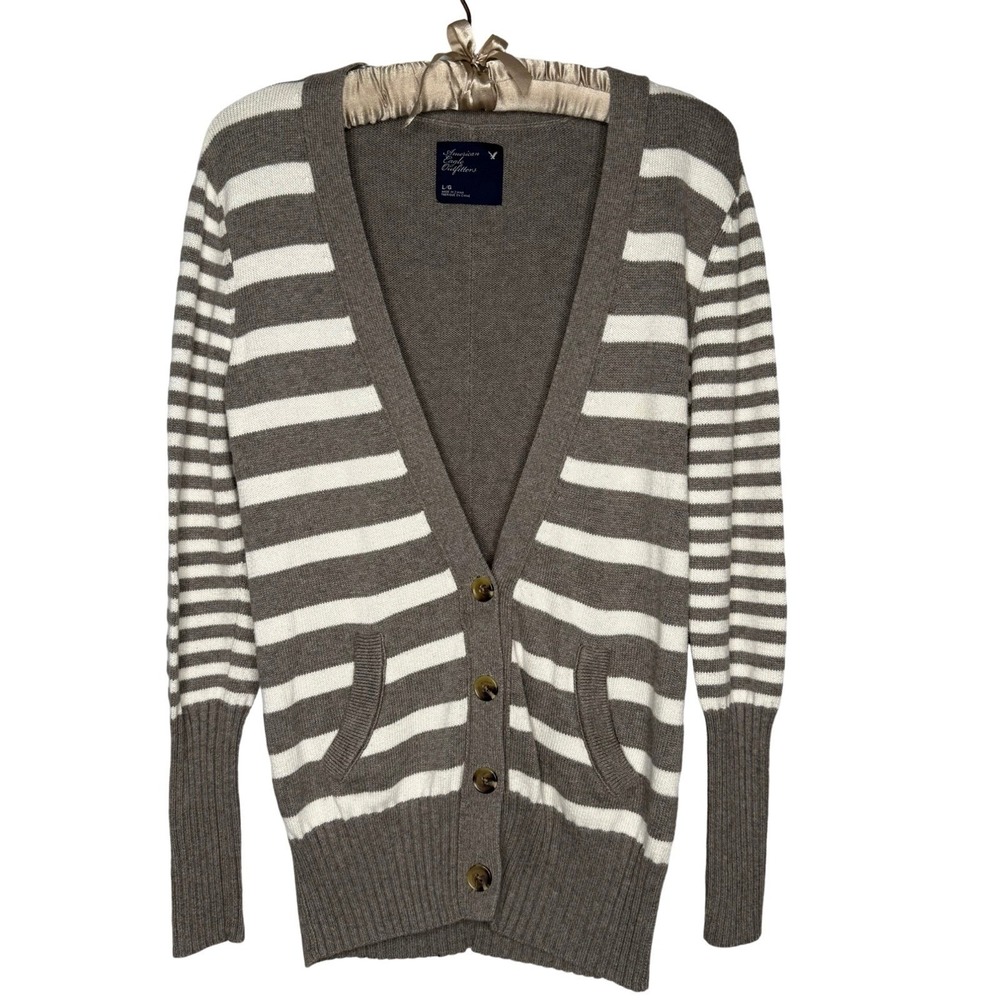 American Eagle AOE Fall 2010 Y2K Striped Cardigan L Wool Grey Preppy Millennial